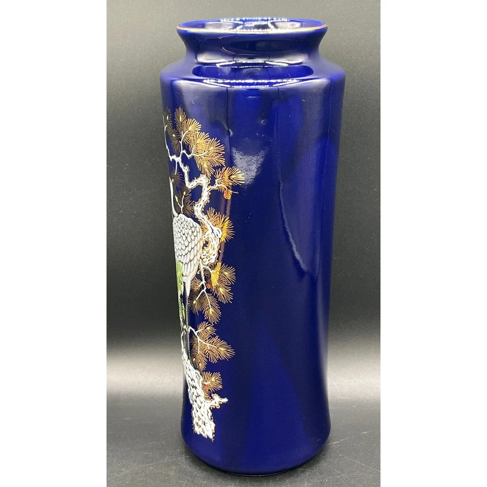 VTG Japanese Cobalt‎ Blue Porcelain Vase Cranes 10.5